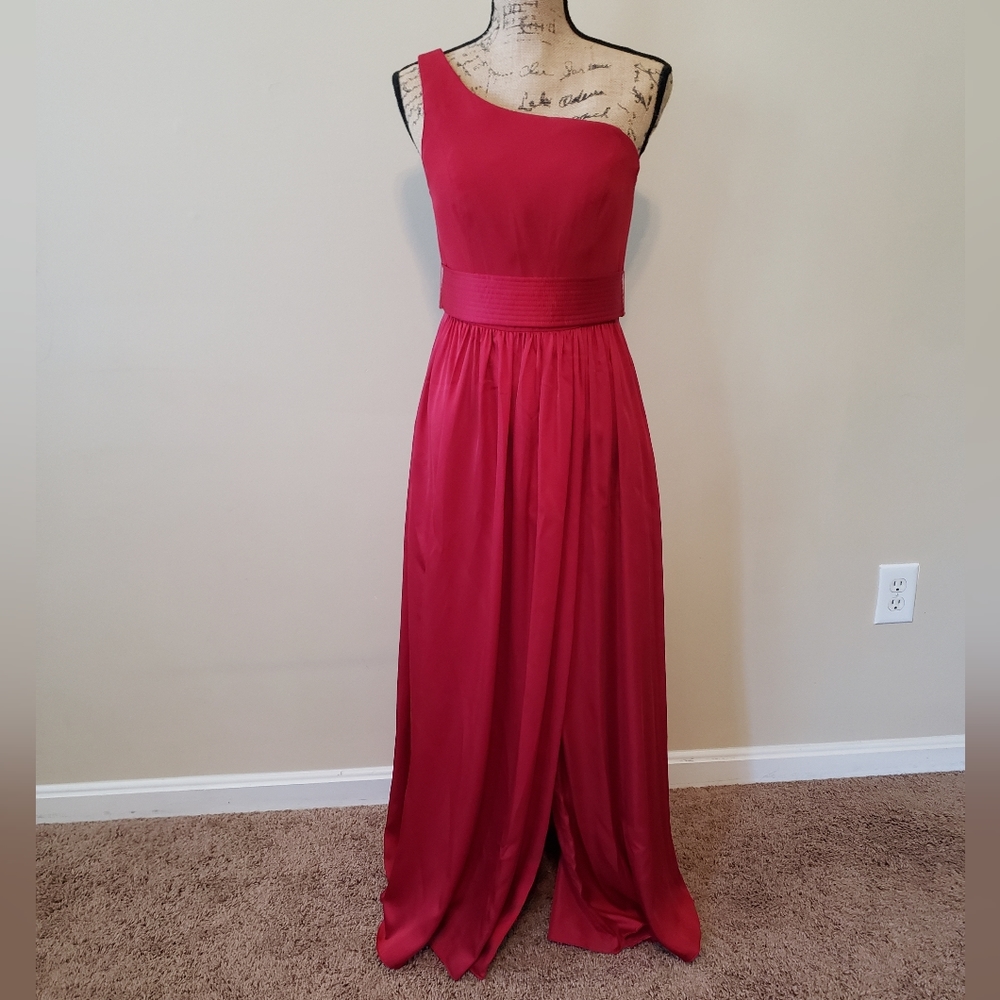 White by Vera wang one shoulder maxi dress  red satin sash 6